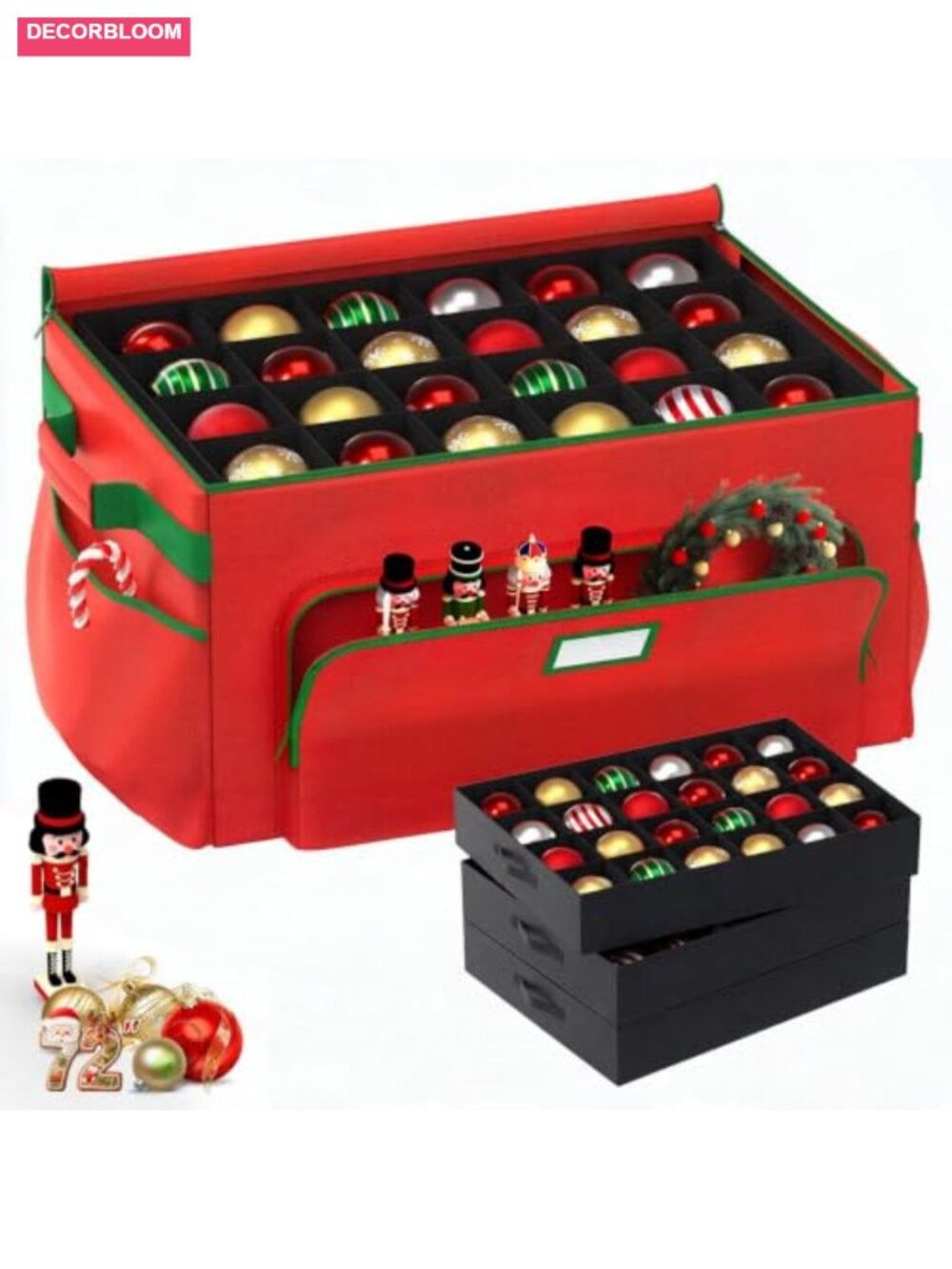 72-Compartment Christmas Ornament Storage Box 600D Oxford Fabric Zipper Tray